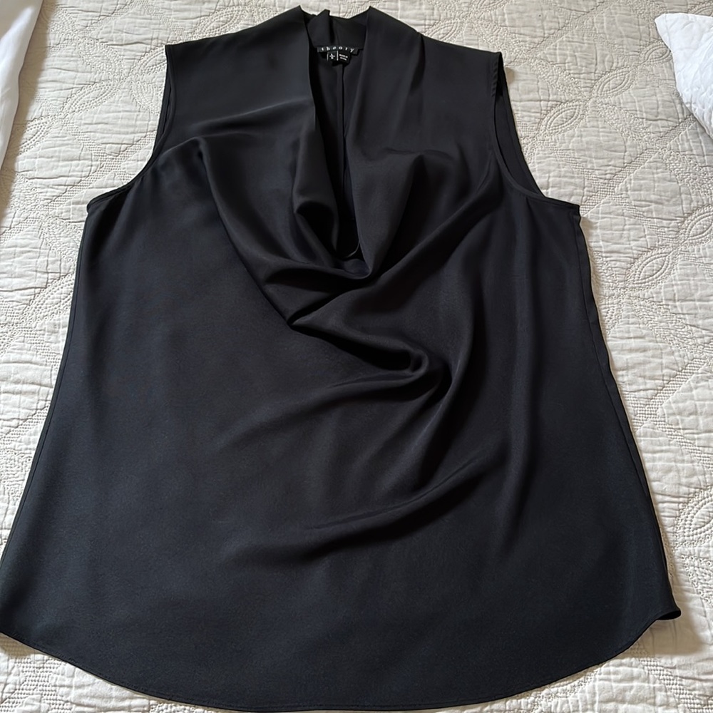 Theory black silk cowl neck blouse